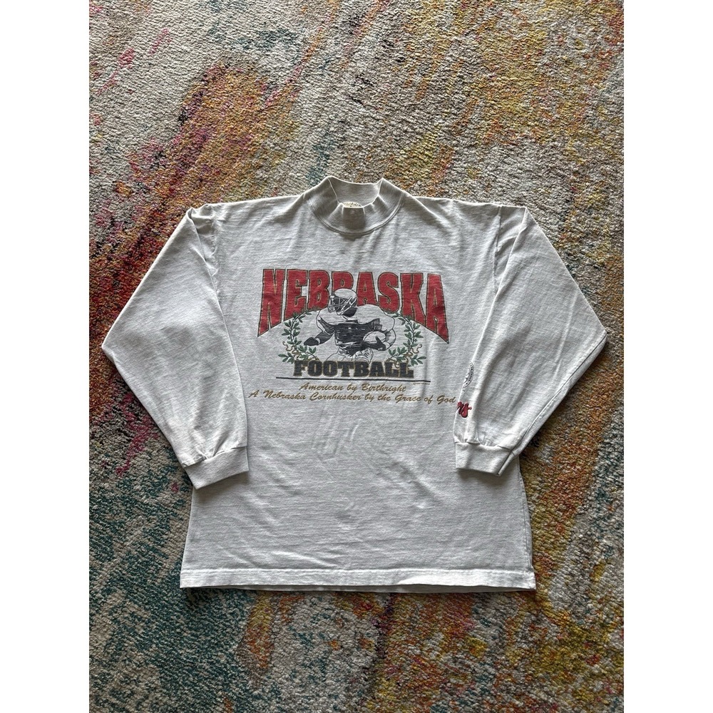 Vintage 1992 Nebraska Football Mock Neck Long Sleeve Shirt‎ Grey L USA